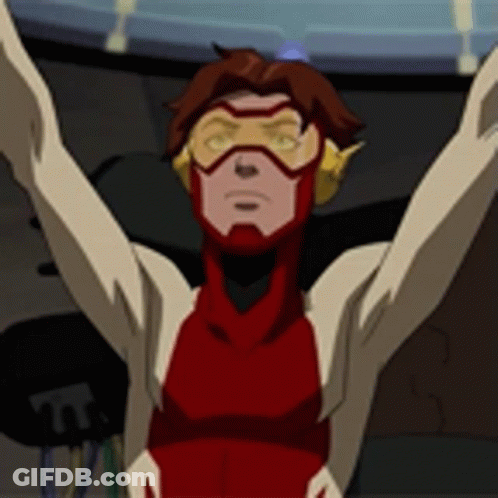 A Cartoon Character With His Arms Outstretched Is Wearing A Red And White Costume . GIF