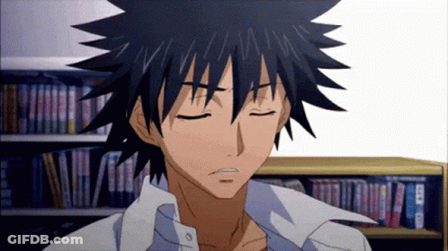A Cartoon Character With His Eyes Closed Stands In Front Of A Bookshelf Full Of Books GIF
