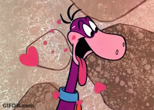 A Cartoon Character With His Tongue Hanging Out And Hearts Coming Out Of His Mouth GIF