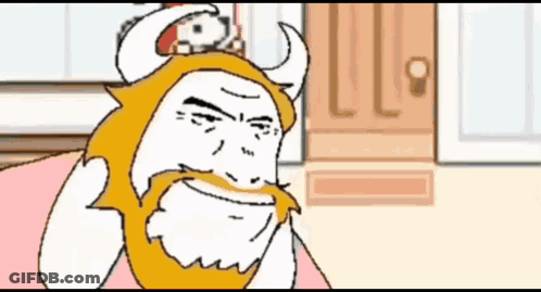 A Cartoon Character With Horns And A Beard Is Smiling GIF