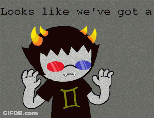 A Cartoon Character With Horns And A Shirt That Says " Looks Like We 'Ve Got A " On It GIF