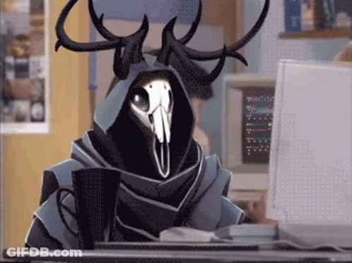 A Cartoon Character With Horns And A Skull On His Face Is Sitting At A Desk With A Cup Of Coffee GIF