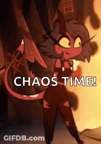 A Cartoon Character With Horns And A Tail Is Standing In Front Of A Fire And Says `` Chaos Time '' . GIF
