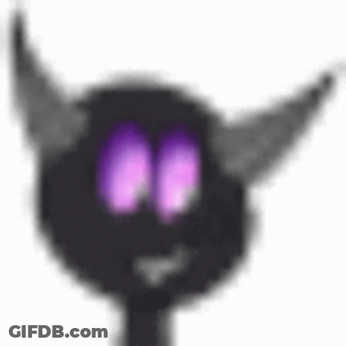 A Cartoon Character With Horns And Purple Eyes Is Glowing In The Dark . GIF