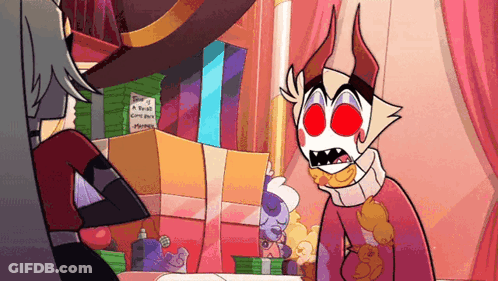 A Cartoon Character With Horns And Red Eyes Is Standing Next To A Woman In A Room . GIF