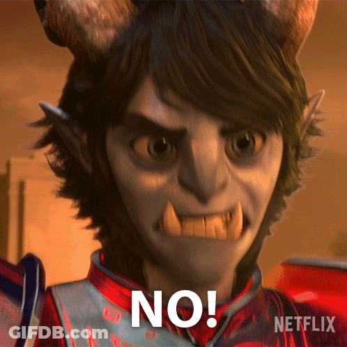A Cartoon Character With Horns And Teeth Is Saying No GIF