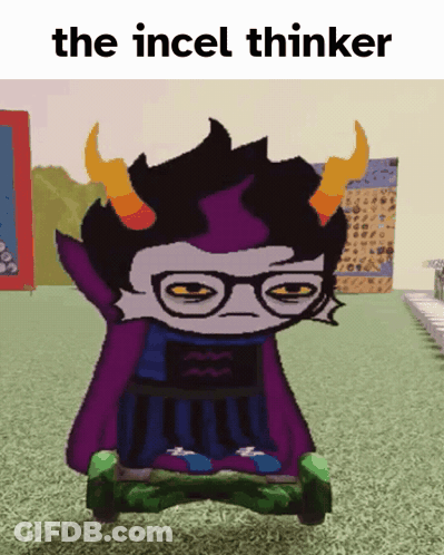 A Cartoon Character With Horns Is Sitting On A Skateboard With The Words The Incel Thinker Below Him GIF