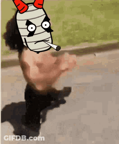 A Cartoon Character With Horns Is Smoking A Cigarette While Walking Down A Street . GIF