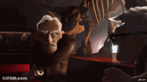 A Cartoon Character With Horns Is Standing In Front Of A Dinosaur Skeleton In A Museum . GIF