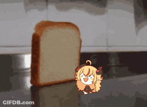 A Cartoon Character With Horns Is Standing Next To A Piece Of Bread GIF