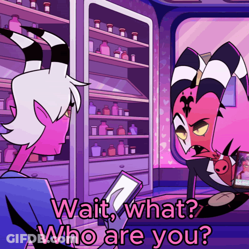 A Cartoon Character With Horns Is Talking To Another Character With The Words Wait What Who Are You GIF