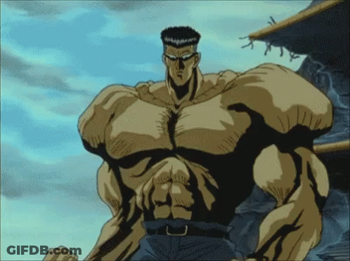 A Cartoon Character With Huge Muscles Is Standing In Front Of A Blue Sky GIF