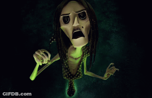 A Cartoon Character With Long Black Hair And Green Arms Is Making A Scary Face GIF