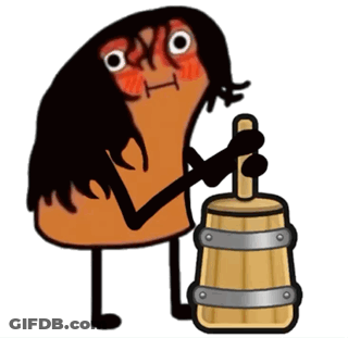 A Cartoon Character With Long Black Hair Is Holding A Wooden Barrel GIF