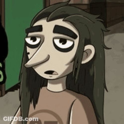 A Cartoon Character With Long Hair And A Long Nose Is Wearing A Brown Shirt . GIF