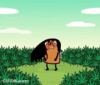 A Cartoon Character With Long Hair Is Standing In A Field Of Marijuana Leaves GIF
