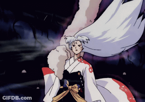 A Cartoon Character With Long White Hair And A Red And White Kimono GIF
