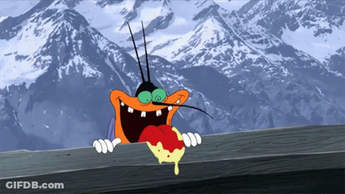 A Cartoon Character With Mountains In The Background Is Eating A Piece Of Pizza GIF
