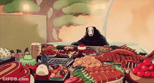 A Cartoon Character With No Face Is Sitting At A Table Filled With Lots Of Food . GIF
