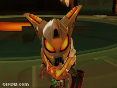 A Cartoon Character With Orange Eyes And A Helmet On GIF