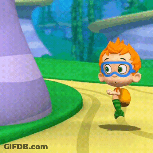 A Cartoon Character With Orange Hair And Green Socks Is Running Down A Path GIF