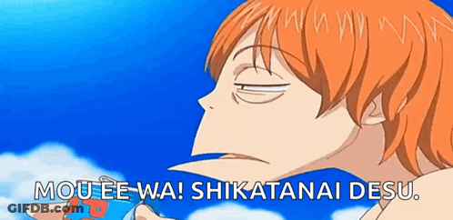 Cartoon Character With Orange Hair Says Mou-Ee-Wa Shikatanai Desu GIF