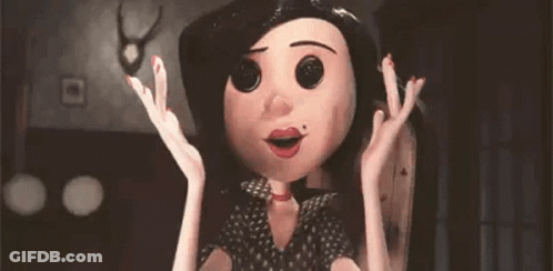 A Cartoon Character With Pink Buttons In Her Eyes Is Making A Funny Face . GIF