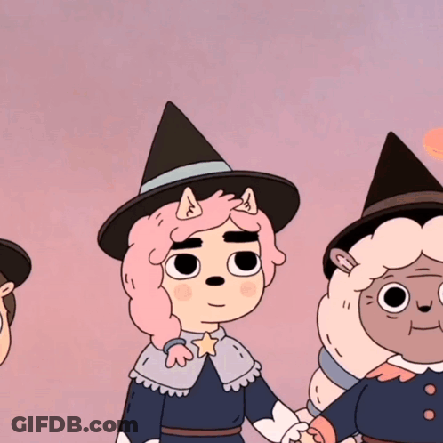 A Cartoon Character With Pink Hair And A Witch Hat Is Holding A Wand GIF