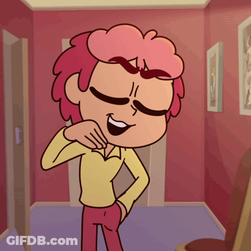 A Cartoon Character With Pink Hair And A Yellow Shirt Is Smiling GIF