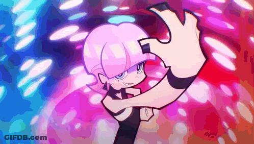 A Cartoon Character With Pink Hair And Black Nails Is Dancing In A Club . GIF