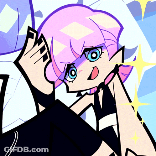 A Cartoon Character With Pink Hair And Blue Eyes Is Laying Down GIF