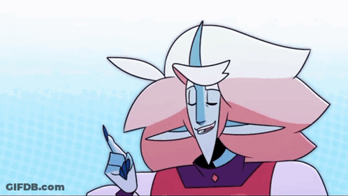A Cartoon Character With Pink Hair And Blue Eyes Is Pointing Upwards GIF