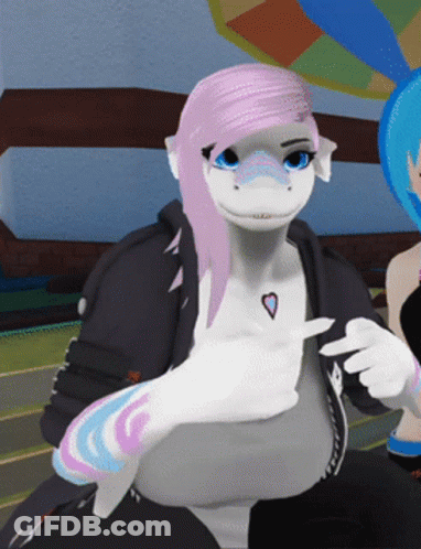 A Cartoon Character With Pink Hair And Blue Eyes Is Pointing GIF
