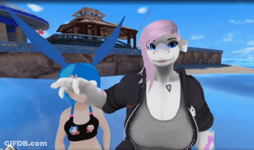 A Cartoon Character With Pink Hair And Blue Eyes Is Standing Next To Another Cartoon Character GIF
