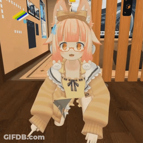 A Cartoon Character With Pink Hair And Glasses Is Sitting On A Wooden Floor GIF