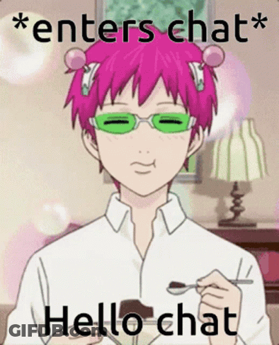 A Cartoon Character With Pink Hair And Green Glasses Is Holding A Spoon And Saying `` Enters Chat Hello Chat '' . GIF