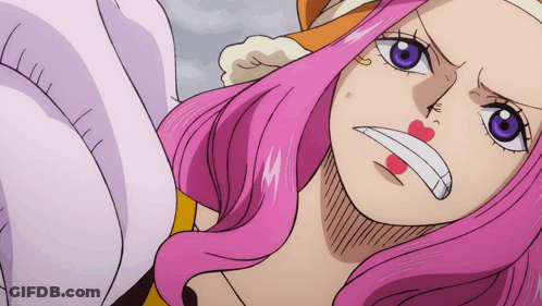 A Cartoon Character With Pink Hair And Purple Eyes Has A White Tooth Sticking Out Of Her Mouth GIF