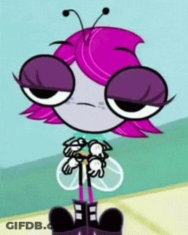 Cartoon Girl With Pink Hair And Purple Eyes Sitting Down GIF