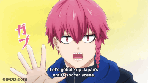 A Cartoon Character With Pink Hair And The Words Let 'S Gobble Up Japan 'S Entire Soccer Scene GIF