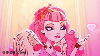 A Cartoon Character With Pink Hair And Wings Blowing A Heart GIF