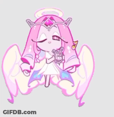 A Cartoon Character With Pink Hair And Wings Is Holding A Lyre GIF