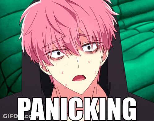 A Cartoon Character With Pink Hair Has Panicking Written On The Bottom GIF