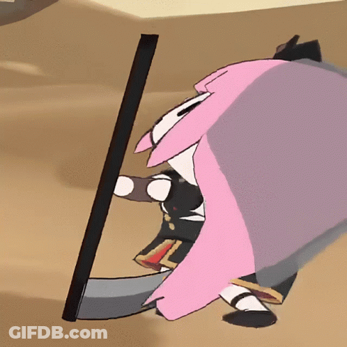 A Cartoon Character With Pink Hair Is Holding A Black Stick GIF