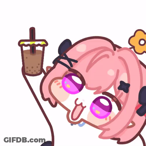 A Cartoon Character With Pink Hair Is Holding A Cup Of Coffee GIF