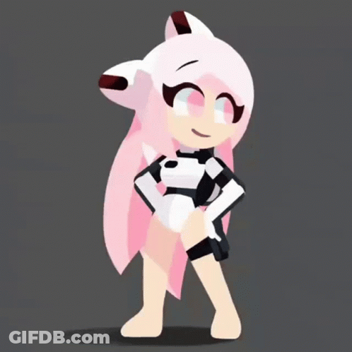 A Cartoon Character With Pink Hair Is Holding A Gun And Smiling GIF