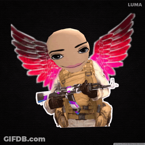 A Cartoon Character With Pink Wings Holding A Gun And The Name Luma At The Bottom GIF