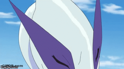 A Cartoon Character With Purple Eyes And A Blue Sky In The Background . GIF