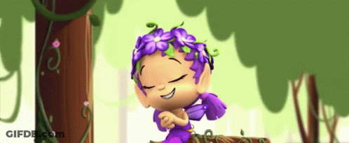 A Cartoon Character With Purple Flowers On Her Head Is Smiling GIF