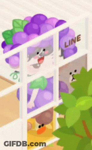 A Cartoon Character With Purple Grapes On His Head And The Word Line On It GIF