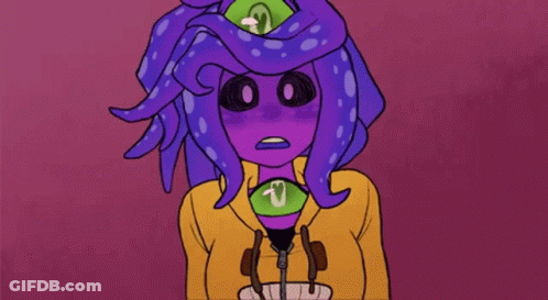 A Cartoon Character With Purple Hair And A Green Heart On Her Chest . GIF